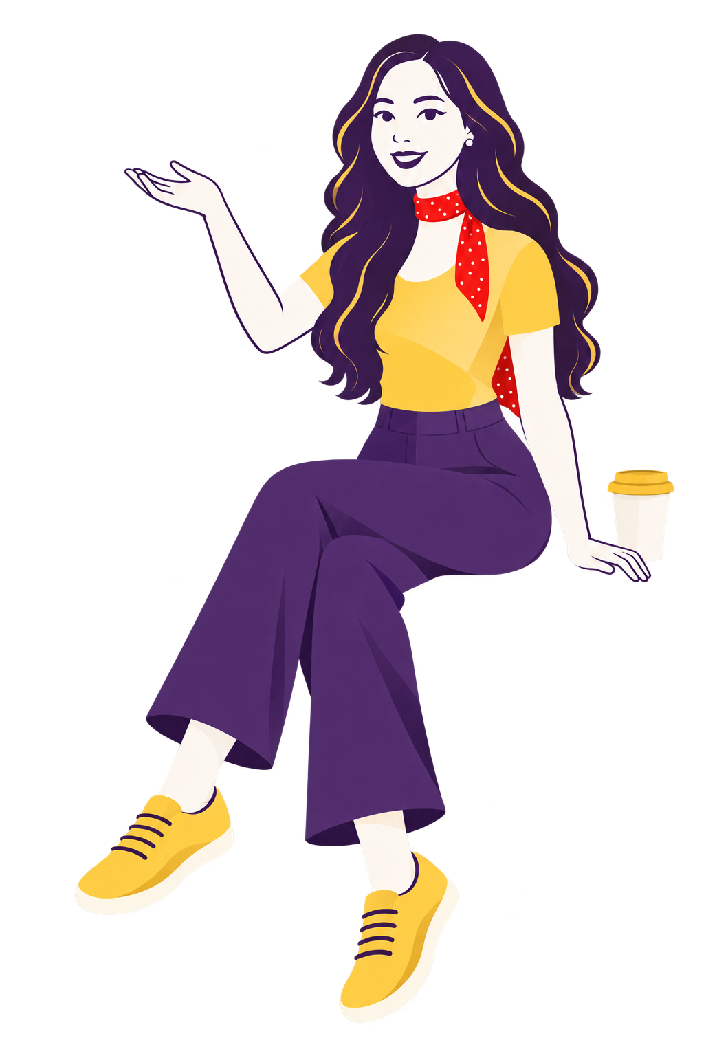Illustration of Cathy sitting on the laptop edge, showing the portfolio with her legs dangling below